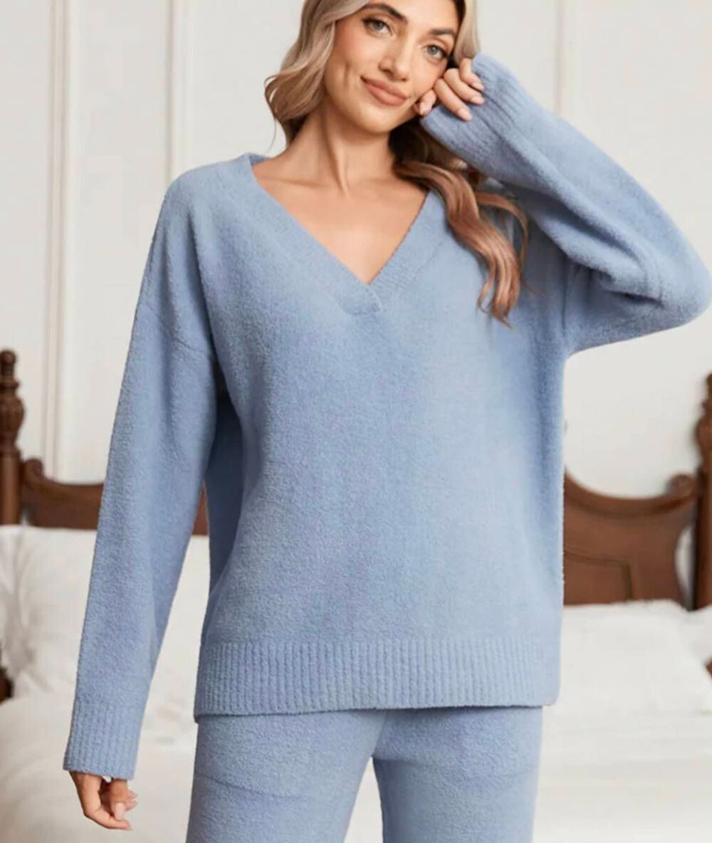 Snuggle Sac Blue V Neck Chenille Knit Sweater Large Comfy Lounge Winter Basic